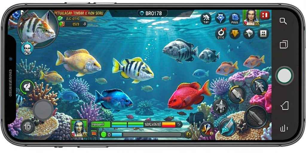 Tampilan gameplay seru dalam BRO178, nikmati menembak ikan di lautan.
