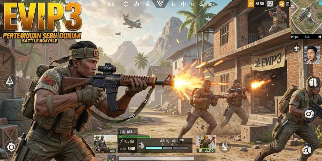 Screenshot utama EVIP3 menampilkan aksi seru di medan perang Battle Royale.