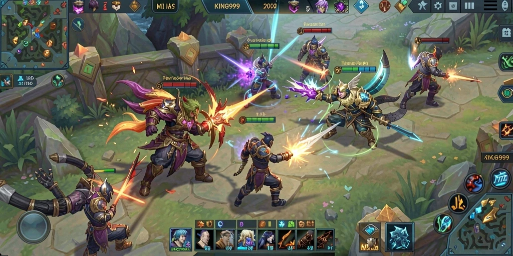 Tangkapan layar gameplay <strong>KING999</strong> menampilkan aksi seru pertempuran MOBA.