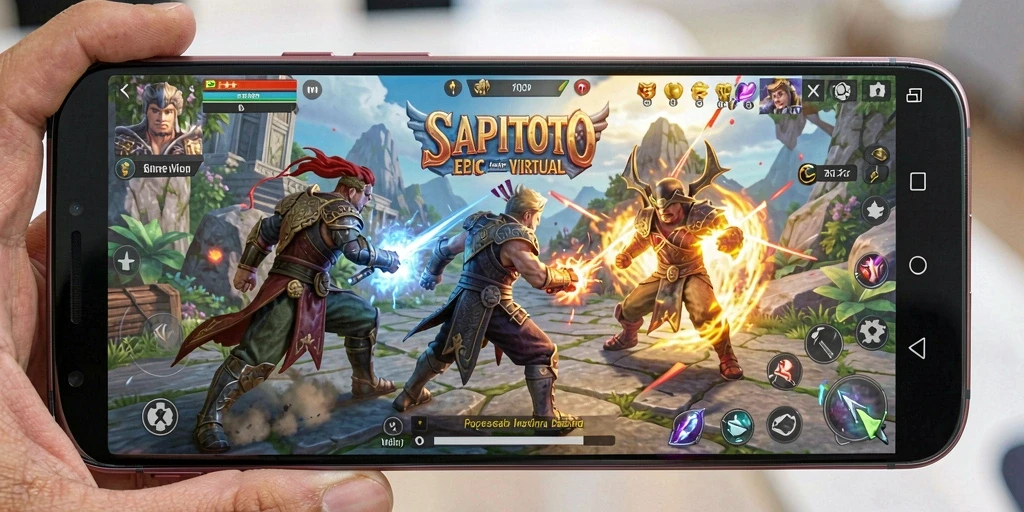Screenshot gameplay SAPITOTO menampilkan pertarungan epik dan karakter yang menarik.