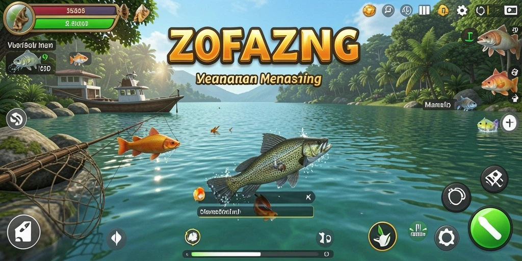 Gameplay ZOFAZA menampilkan pengalaman memancing yang seru di alam terbuka.
